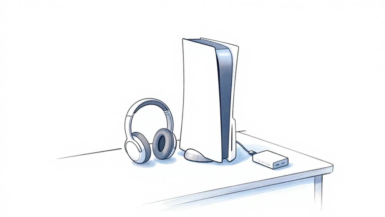 Stylizowana ilustracja 2D przedstawiająca stojącą konsolę do gier, słuchawki bezprzewodowe oraz mały odbiornik audio na biurku.