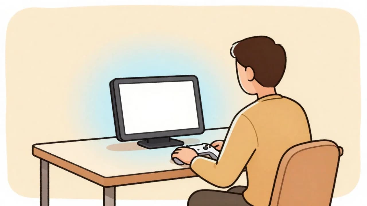 Rysunkowa ilustracja osoby siedzącej przy biurku przed pustym ekranem monitora i trzymającej kontroler do gier.
