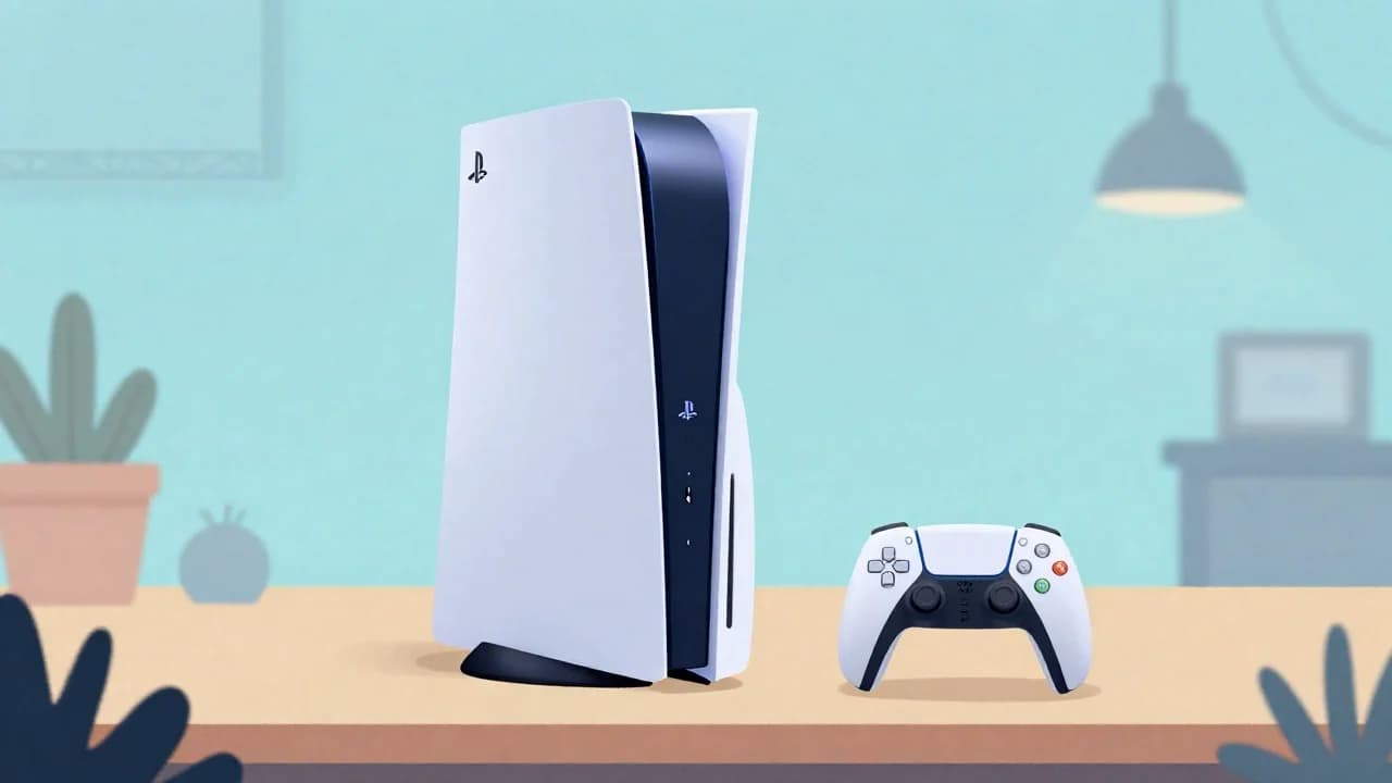 Konsola PlayStation 5 przy telewizorze w spokojnym stanowisku gracza