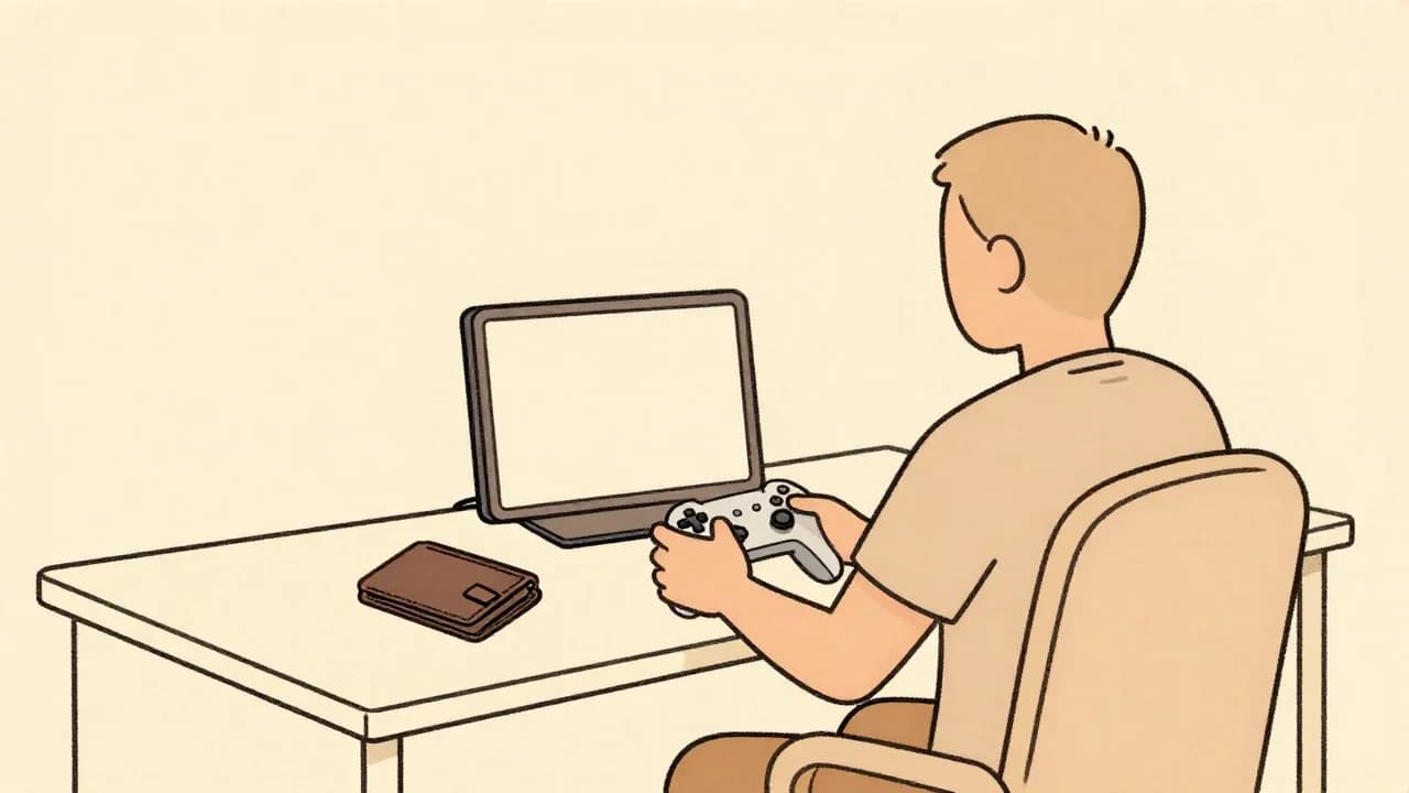 Rysunkowa ilustracja osoby siedzącej przy biurku, trzymającej kontroler do gier; obok leży zamknięty portfel, a w tle znajduje się ekran lub konsola.