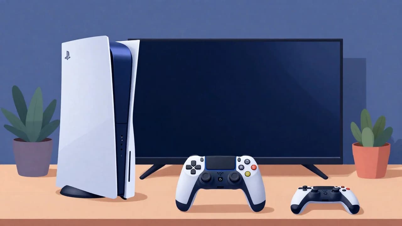 Konsola PS4 z niebieską kontrolką obok telewizora z ciemnym ekranem