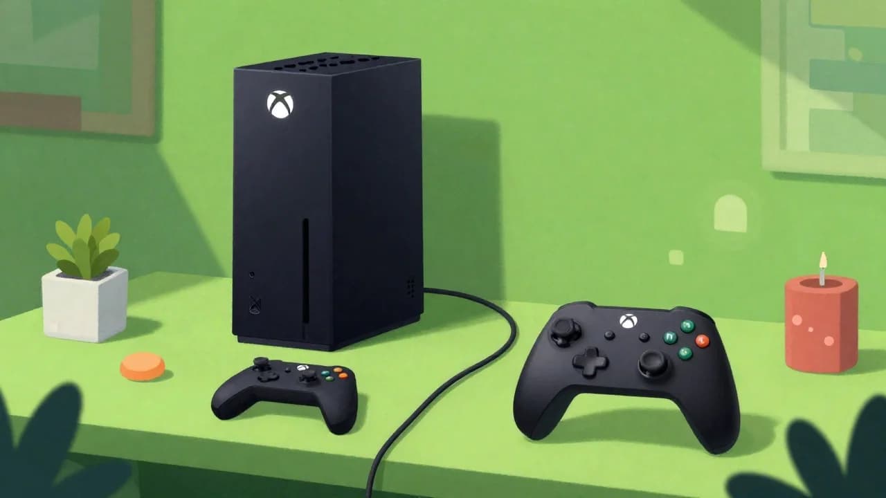 Konsola Xbox z płytą na biurku gracza
