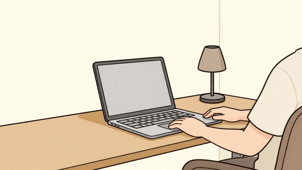 Rysunkowa ilustracja osoby korzystającej z otwartego laptopa przy biurku, obok lampki.