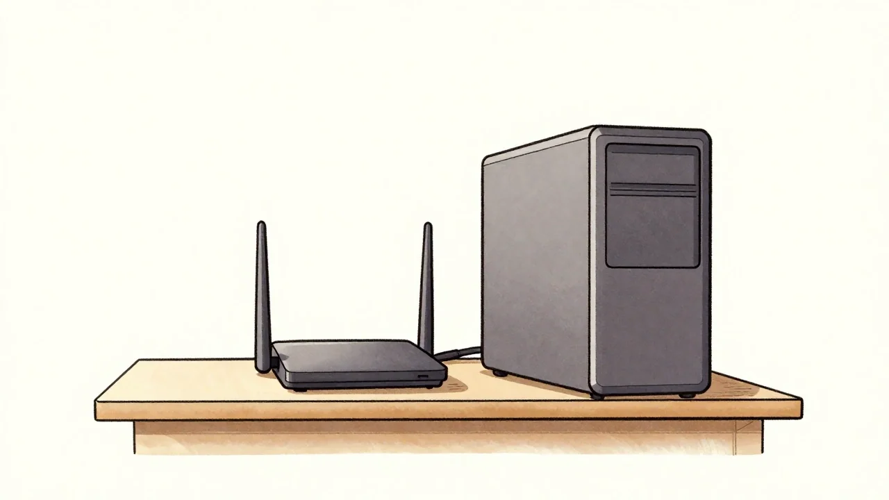 Rysunkowa ilustracja przedstawiająca mały router z dwiema antenami stojący na półce obok komputera stacjonarnego; urządzenia łączy przewód.