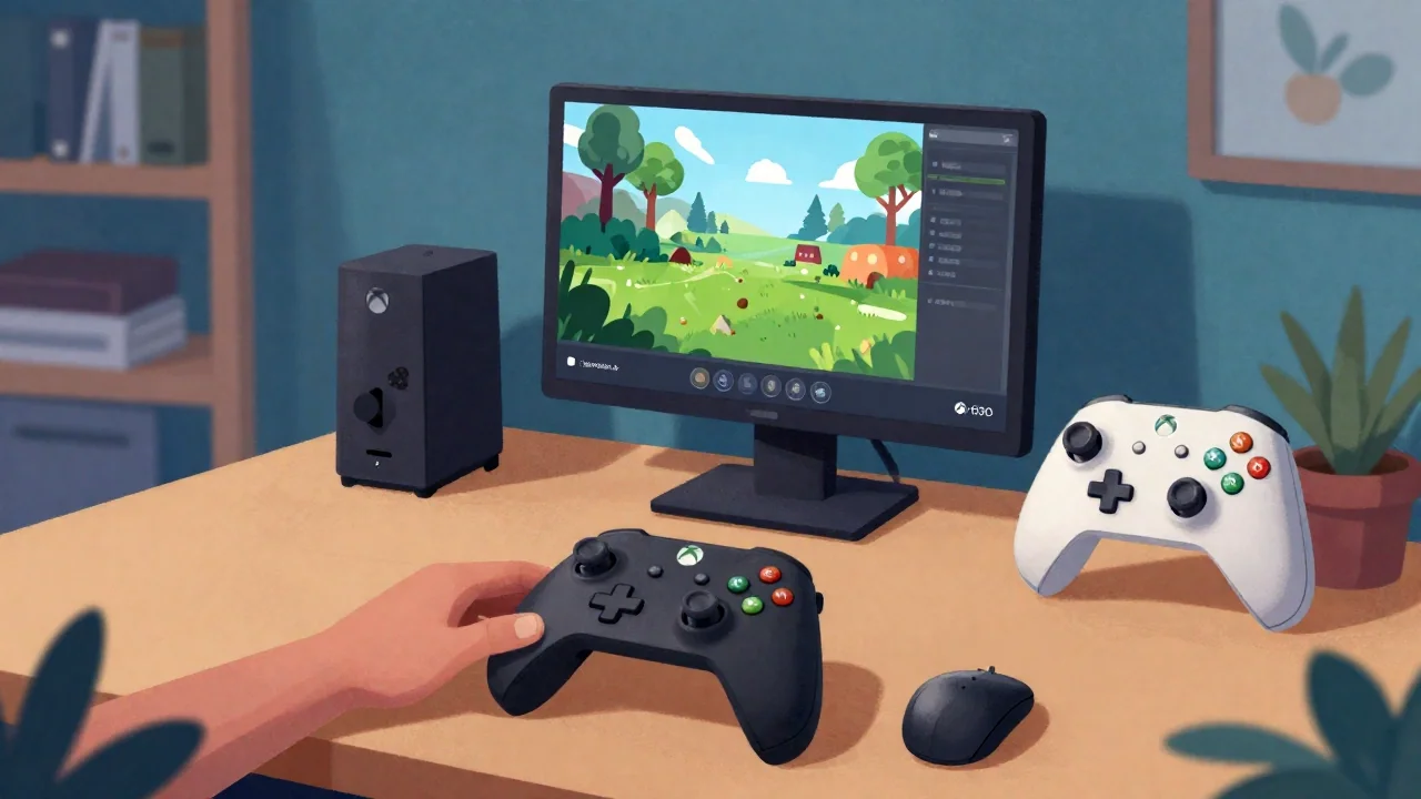 Cyfrowa biblioteka gier na konsoli Xbox z kontrolerem
