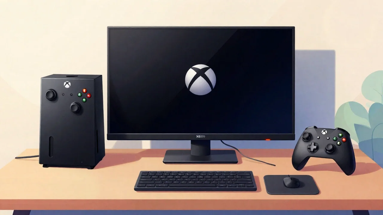 Xbox One i przewód HDMI obok telewizora z pustym ekranem