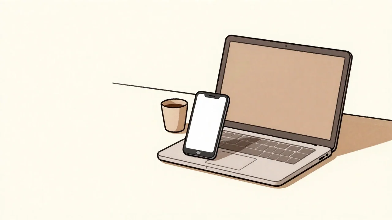 Rysunkowa ilustracja przedstawiająca smartfon oparty o otwarty laptop na biurku, obok którego stoi mała filiżanka.