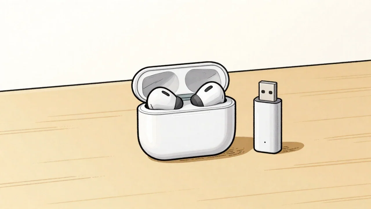 Dwie bezprzewodowe słuchawki douszne umieszczone w otwartym etui ładującym, obok niewielkiego odbiornika USB na drewnianym biurku.