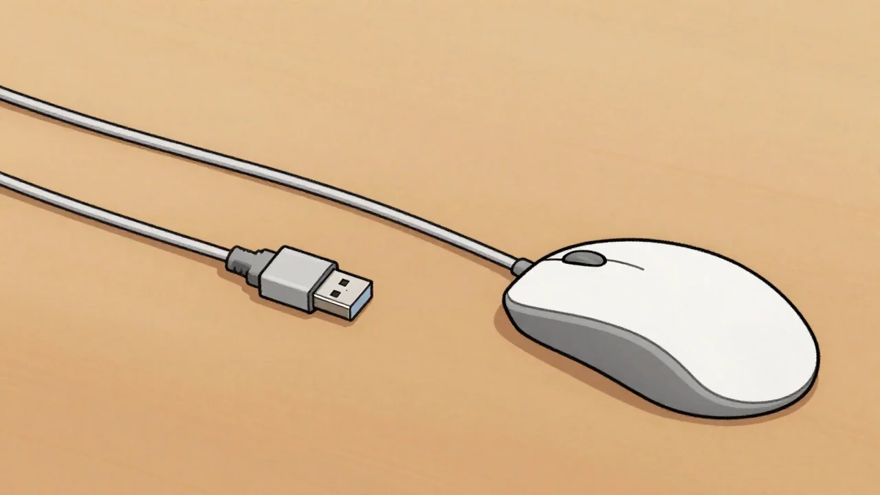 Rysunkowa ilustracja białej myszy komputerowej połączonej przewodem USB, z wtyczką leżącą na drewnianym biurku.