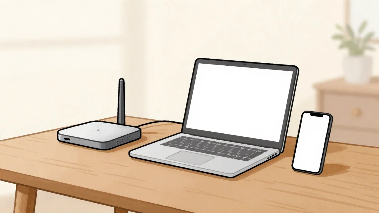 Rysunkowa ilustracja przedstawiająca laptop, domowy router i smartfon ustawione na drewnianym stole w jasnym wnętrzu.