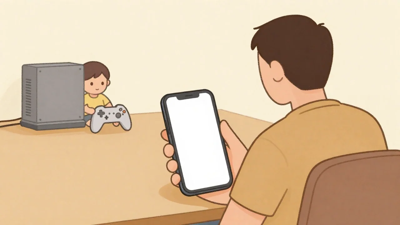 Rysunkowa ilustracja rodzica trzymającego pusty smartfon przy stole, podczas gdy dziecko korzysta z kontrolera obok kompaktowej konsoli do gier.