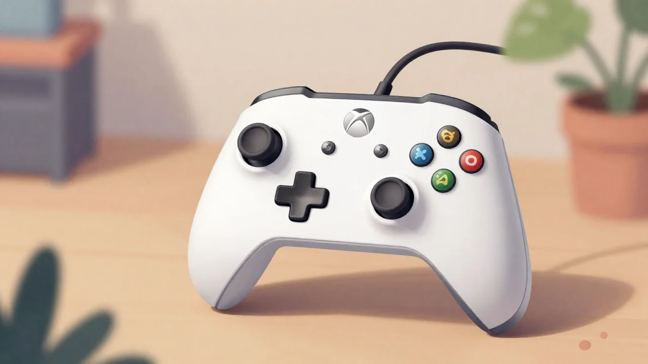 Kontroler Xbox podłączony przewodem USB do konsoli